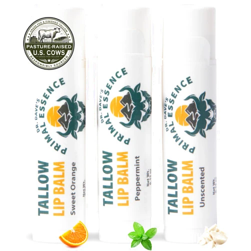 Dr. Dave's Primal Essence Moisturizing Tallow Lip Balm - Grass-Fed Beef Tallow with Organic Coconut Oil, Beeswax and Vitamin E - Variety Pack, 3-Pack