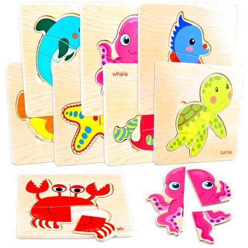 Faburo 8pcs Wooden Puzzles for Toddlers 1-3, Toddler Puzzles Ages 2-4, Montessori Toys for 1-3+ Years Girl Boy, Sea Animal Puzzle for Kids, Jigsaw Puzzles Educational Toys Preschool Puzzles for 1-3