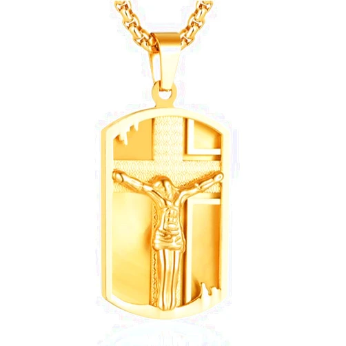 Sifity Dog Tag Necklace Jesus Cross Crucifixion, Shield Religious Christian Prayer Gold Plated Pendant, For Men, Him, Boyfriend 27 Inch | Cadenas Para Hombres