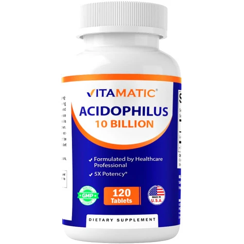 Vitamatic Acidophilus Probiotic - 10 Billion CFU - 5X Potency - Daily Probiotic Supplement, Supports Digestive Health - 120 Tablets