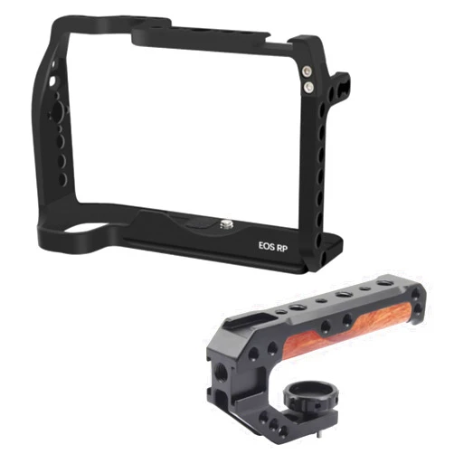 FUGASUN EOS RP Camera Cage, EOS RP Cage with Wooden Camera Top Handle with 3 Cold Shoes to Mount DSLR Camera
