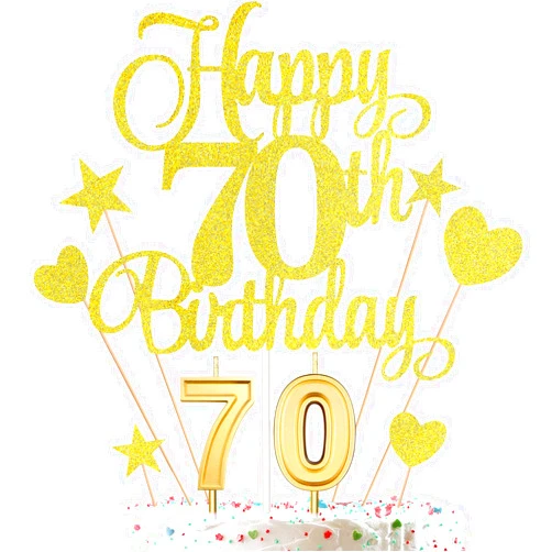 HOGRTi 70th Birthday Cake Decorations Set Include 70th Birthday Candles Numeral 70 Cake Candles and Happy 70th Birthday Cake Toppers with Heart Star Cupcake Picks for Birthday Party (Gold Series)