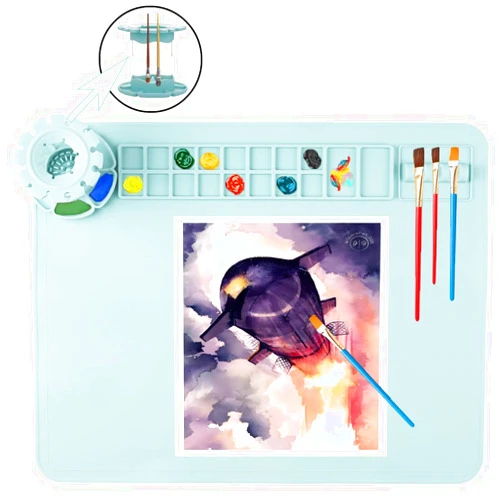 Patpot Silicone Craft Mat, Painting Paint Palette for Resin Casting Mold Mat, Nonstick Craft Sheet with Removable Cleaning Water Cup for Painting, Clay, Art, DIY Projects (Blue)