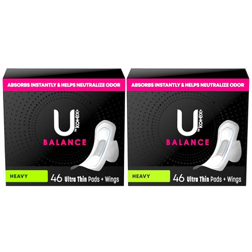 U by Kotex Balance Ultra Thin Pads with Wings, Heavy Absorbency, 46 Count (Packaging May Vary) (Pack of 2)