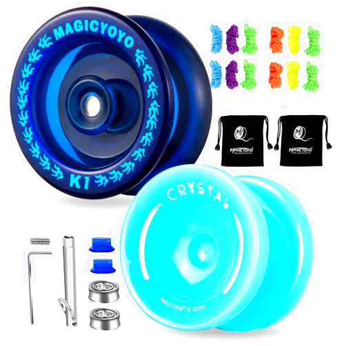 MAGICYOYO Responsive Yoyo for Kids, Dual Purpose Yo Yo 2 Pack of Yoyo K1 Blue + Yoyo K2 Lake Blue Plastic Yoyos with Unresponsive Bearing Kits for Adults +12 Yoyo Strings + 2 Yoyo Bags