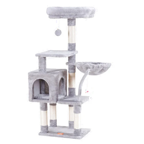 Heybly Cat Tree with Toy, Cat Tower Condo for Indoor Cats, Cat House with Padded Plush Perch, Cozy Hammock and Sisal Scratching Posts, Light Gray HCT004SW