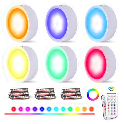 EverBrite Puck Lights with Remote, Wireless LED Puck Lights Battery Operated, 13 RGB Colors Changing Under Cabinet Lights, Dimmable Closet Lights with Timer, Battery Included (6-Pack)