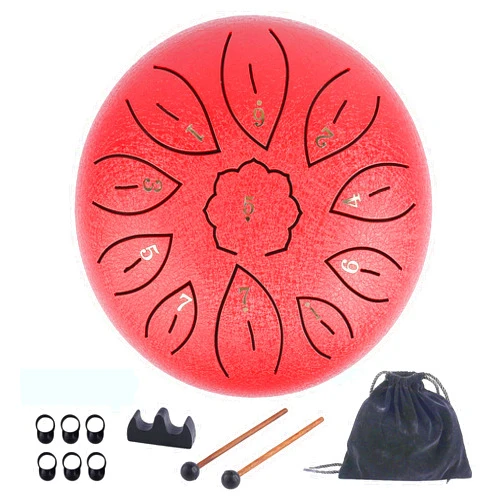 NUEVEN Steel Tongue Drum 11 Notes 6 Inches Dia Lotus type Steel Handpan Drum Percussion Drums Instrument Steel Tung Drum C-Key with Mallets, Book, Notes Sticker,Drum Stick Holders, Finger Picks, Bag (Red)