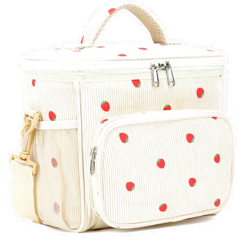 FlowFly Insulated Reusable Lunch Bag Adult Large Lunch Box for Women and Men with Adjustable Shoulder Strap,Front Zipper Pocket and Dual Large Mesh Side Pockets, Corduroy Strawberries Beige