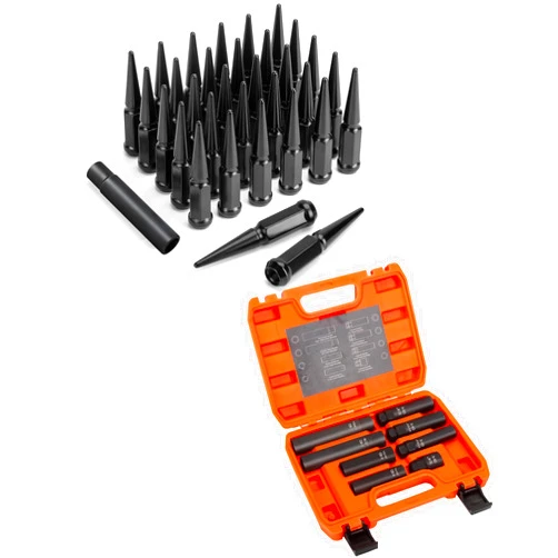 SUCOSO M14x1.5 Spike Lug Nuts with 8PCS Lug Nut Socket Set, 32PCS 14mmx1.5 Spike Lug Nuts Wheel Accessories with 1 Socket Key, Compatible with F-ord F-250 F-350 G-MC Sierra 2500 Sierra 3500 Ram 2500 Ram 3500