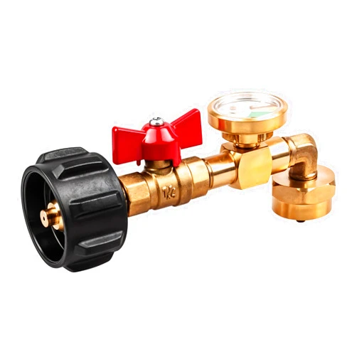 Eveco Propane Refill Adapter with Tank Gauge - On/Off Control 20lb to 1lb Converter Fitting QCC1 Connector for Small Bottle Cylinders - 90-Degree L Shape Elbow Transfer Filler Kit with Regulator Valve