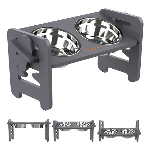 Vantic Elevated Dog Bowls, Adjustable Raised Dog Bowl Stand for Small Puppy and Cats, Sturdy Bamboo Pet Food Feeder with 2 Stainless Steel Dishes, Gray