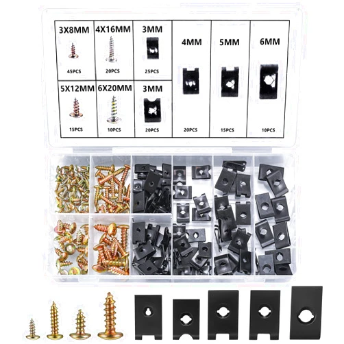 Bnnrjia 180 Pcs Automotive Screws and Car U Clips Assortment Kit, Including 90 Pcs Cross Head Mounting Screws, 90 Pcs Automotive U-Style Screw Clip-On Nuts, for Car Door Body Panel Clip Fasteners