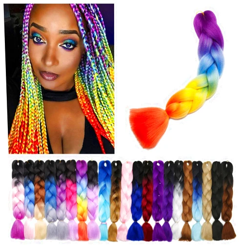 Benehair 24 inch Jumbo Braid Rainbow Jumbo Box Braids Crochet Hair Extensions Ombre Purple Blue Yellow Orange for Women Kids DIY High Temperature Synthetic Fiber 1 Bundle