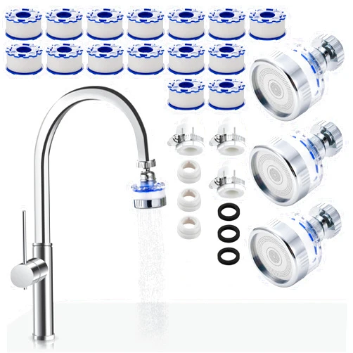AIDUCHO 3 Pack Sink Water Filter Faucet, 360° Rotating Faucet-Mount Water Purifier with 15 Filter Cartridges, Removes Chlorine, Fluoride & Heavy Metals from Hard Water for Kitchen & Bathroom
