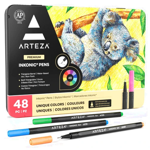 ARTEZA Inkonic Fineliners Pens, Set of 48, 0.4 mm Fine Tip Markers, Water-Based Art Pens for Drawing, Sketching, Journaling, Calligraphy