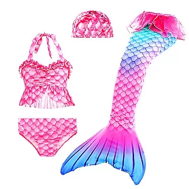 D C.Supernice Mermaid Tail Kids Swimmable 3Pcs Little Girls Mermaid Costume Dress Up Tankini Swim Set Flower Crown Swimming Cap A Rose Red 150: 10-11 Year