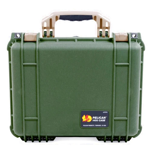 Pelican OD Green Pelican 1450 case with tan Handle and latches. Comes with Foam.