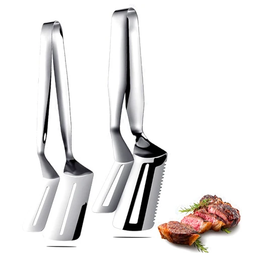 Romooa 2 Pcs Cooking Tong Spatula Tong 10 Inch and 12 Inch Stainless Steel Double Sided Steak Clamps Multifunctional Flipping Spatula Clip for Fish Bread Hamburger BBQ Pies Pizza Housewarming Gift