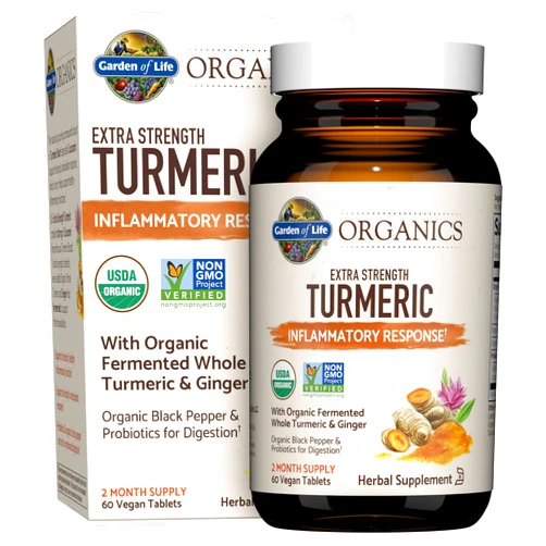 Garden of Life Organics Extra Strength Turmeric Inflammatory Response 60 Tablets-100mg Curcumin (95% Curcuminoids) Black Pepper, Probiotics, Organic Non-GMO Vegan Gluten Free Herbal Supplement