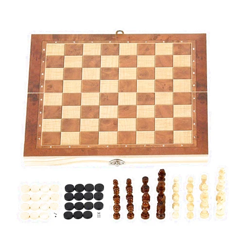 Almencla Classic 3-in-1 Wooden Chess & Checkers Foldable Chessboard Portable Handcrafted Chess Pieces Storage Case Tabletop Game for Kids Adults - 44x44cm