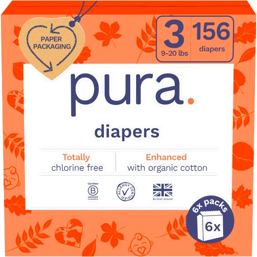 Pura Hypoallergenic Diapers, Size 3 (9-20 lbs) Monthly Pack, Overnight, up to 12 Hours Leak Protection, Suitable for Sensitive Skin, TCF, Super Soft Organic Cotton, 6 Packs of 26 (156 Baby Diapers)