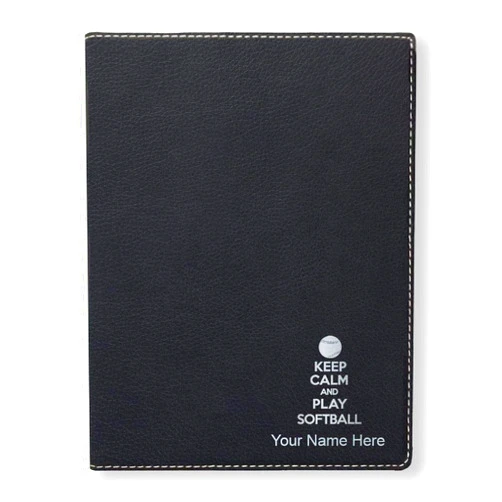 SkunkWerkz Small Portfolio Notepad, Keep Calm and Play Softball, Personalized Engraving Included (Black)