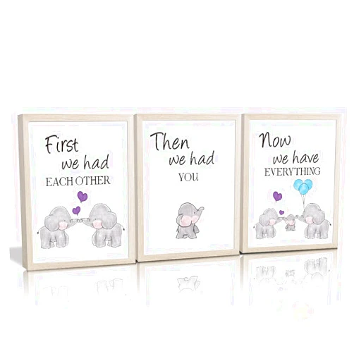 KAIRNE Watercolor Elephant Family Framed Canvas Wall Art ,First We Had Each Other Quote Art Print,Nursery Animal Love Words Picture Ready to Hang For Kids Room Decor