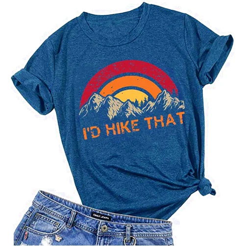 AIMITAG I'd Hike That Hiking Shirt Women Happy Camper Sunrise Mountain Graphic Tee Tops Short Sleeve Camp Lover Vacation Tshirt