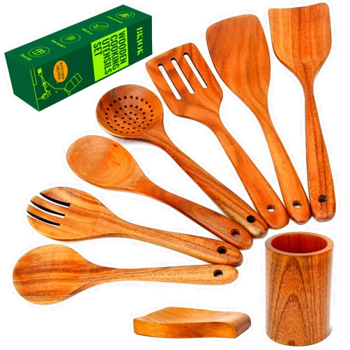 Bkiok Wooden Spoons for Cooking, Natural Teak Wooden Kitchen Utensil Set, Wooden Cooking Utensils Set with Spoon Rest & Utensils Holder-Set of 9 Piece