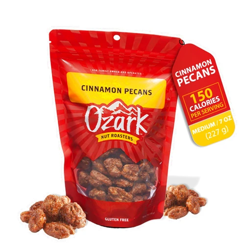 OZARK NUT ROASTERS: Cinnamon-coated Pecans, Flavored Snack Nuts with Cinnamon Spice, World-Class Gourmet Candied Peanuts in a Resealable Pack (7.0 oz)