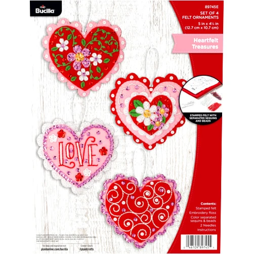 Bucilla Felt Applique 4 Piece Ornament Making Kit, Heartfelt Treasures, Perfect for DIY Arts and Crafts, 89745E