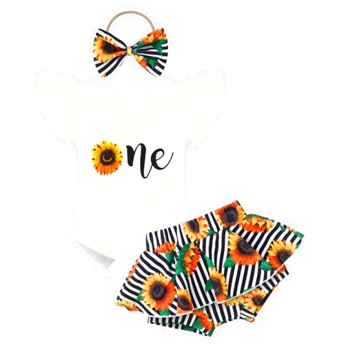 IMEKIS Baby Girls 1st Birthday Outfit Sunflower Peach Romper + Ruffled Shorts + Headband Set for Cake Smash Photo Shoot