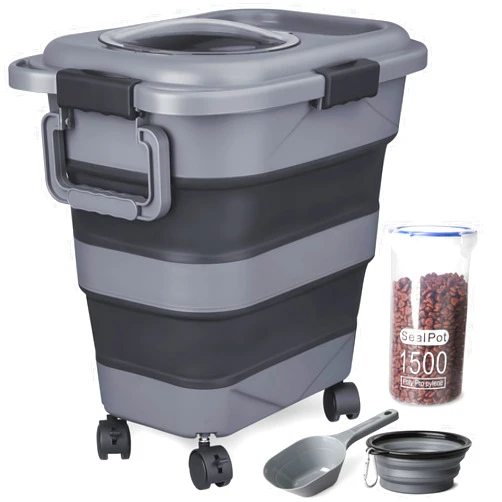 TIOVERY Dog Food Storage Container，10-20 lbs Airtight Collapsible Cat Food Storage Container with Attachable Wheels, Portable Handle, Dog Food Scoop for Dog Cat Bird Pet Dry Food Storage Bin