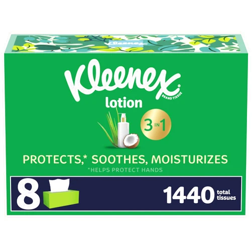 Kleenex Lotion Facial Tissues with Coconut Oil, 8 Flat Boxes, 180 Tissues Per Box, 3-Ply