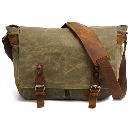 HuaChen Men's Waxed Canvas Messenger Bag Shoulder Crossbody Laptop Bag Satchel (M49_Army Green)