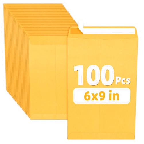 SUNEE 6x9 Manilla Envelopes, 28lb Brown Kraft, Ultra Strong Quick-Seal Security Catalog Mailing Envelopes for Flat Letter Size Documents or Photos, 100 Count