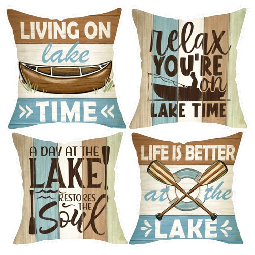 Fjfz Life is Better at The Lake Decorative Throw Pillow Covers 20 x 20 Set of 4, Boat Paddle Lakehouse Porch Outdoor Home Decor, Spring Summer Stripes Farmhouse Rustic Couch Cushion Case