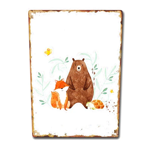 AXCISXK Tin Sign Bear Fox Print Animal Art Watercolour Woodland Illustration Nursery Decor Nursery Wall Art Kids Room Play Room Jungle Animal Retro Vintage Metal Tin Sign Wall Plaque Poster 12x16inch