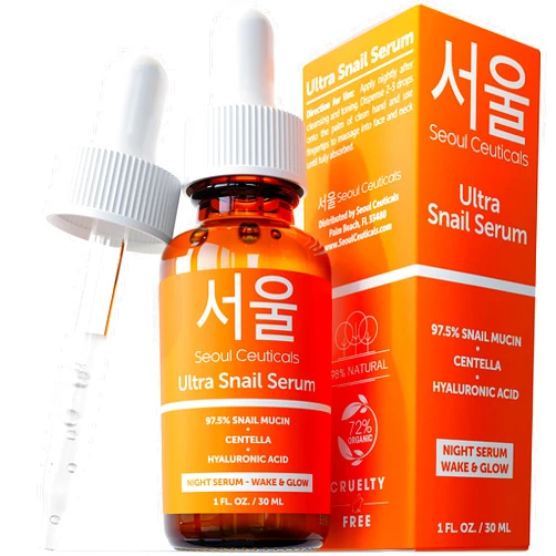 SeoulCeuticals Korean Skin Care 97.5% Snail Mucin Serum – K Beauty Skincare Night Serum Hyaluronic Acid for Face - Centella Anti Wrinkle Serum 1oz