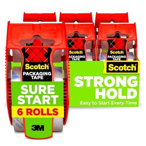 Scotch Sure Start Packing Tape, Clear, Quiet Unwind and Easy Start, Moving Supplies, 1.88 in. x 22.2 yd., 6 Tape Rolls with Dispensers