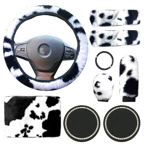 ZWZCYZ Fluffy Cow Print Plush Steering Wheel Cover for Women with ZWZCYZ Furry Gear Cover,Handbrake Cover,Seat Belt Cover,Armrest Pad,Car Coaster and Bling Emblem Sticker Furry Car Accessories Pack of 9