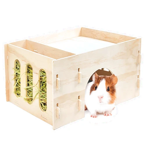 Tierecare Guinea Pig Hideout Wooden Castle with Hay Feeder Chinchilla House Small Animal Hut for Cage Habitat Decor with Added Comfort and Enrichment