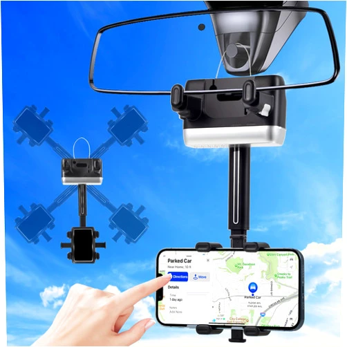 HOMIO Rearview Mirror Phone Holder for Car,2024 Car Rearview Mirror Phone Holder Clip 360-Degree Rotatable and Retractable Car Phone Holder Mount Adjustable Car Rear View Mirror Cell Phone Holder Black