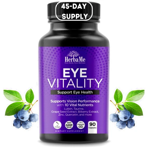 HerbaMe Eye Vitamins Supplement with Lutein, Bilberry, Beta Carotene, L-Taurine, Zinc and Quercetin, 90 Capsules, Supports Vision, Ocular and Macular Health, Helps Eyes Filter Blue Light
