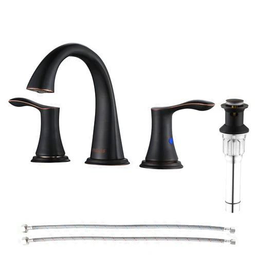 PARLOS 2 Handles Widespread Bathroom Faucet with Metal Pop Up Sink Drain and Supply Lines, Oil Rubbed Bronze, Demeter, 13648