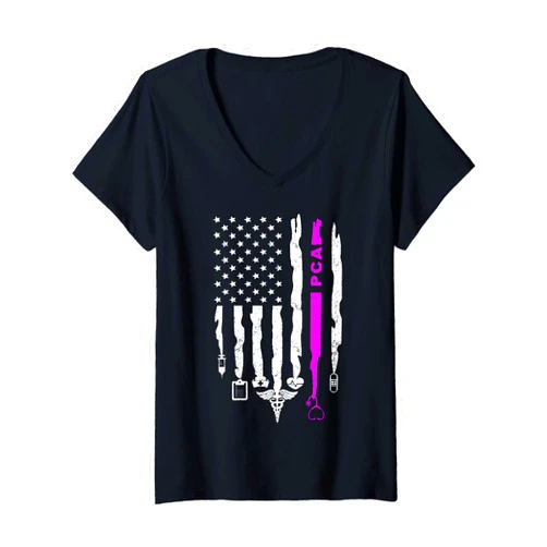 Funny American Flag PCA Independence Day Womens Funny Patriotic PCA USA Flag Nurses Week Gifts 4th of July V-Neck T-Shirt