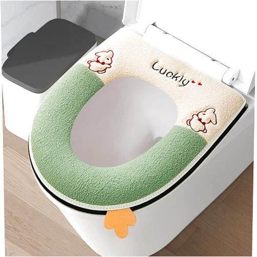 FWEHIO Cartoon Toilet Seat Cover Pad Reusable Warm Plush Bathroom Washable Super Soft Toilet Seat Mat Cushion with Handle Zipper Easy Clean & Install (Green)