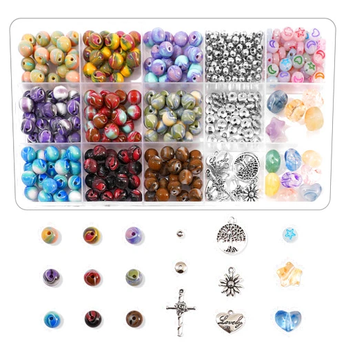 RACIOCK 470pcs Ink Rendering Beads Bracelet Making Kit -9 colors Resin Beads for Jewelry Making, Heart & Star Charms Beads with Spacer Beads & Silver Pendant for Making DIY Bracelets Necklace for Beginner