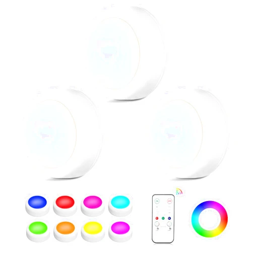 Ahuledlight LED Puck Lights with Remote Control, 16 Color Changing Under Cabinet Lighting with Dimmer & Timer, AAA Battery Operated,Under for Closet Bedroom Kitchen, Stair (3 Pack White)